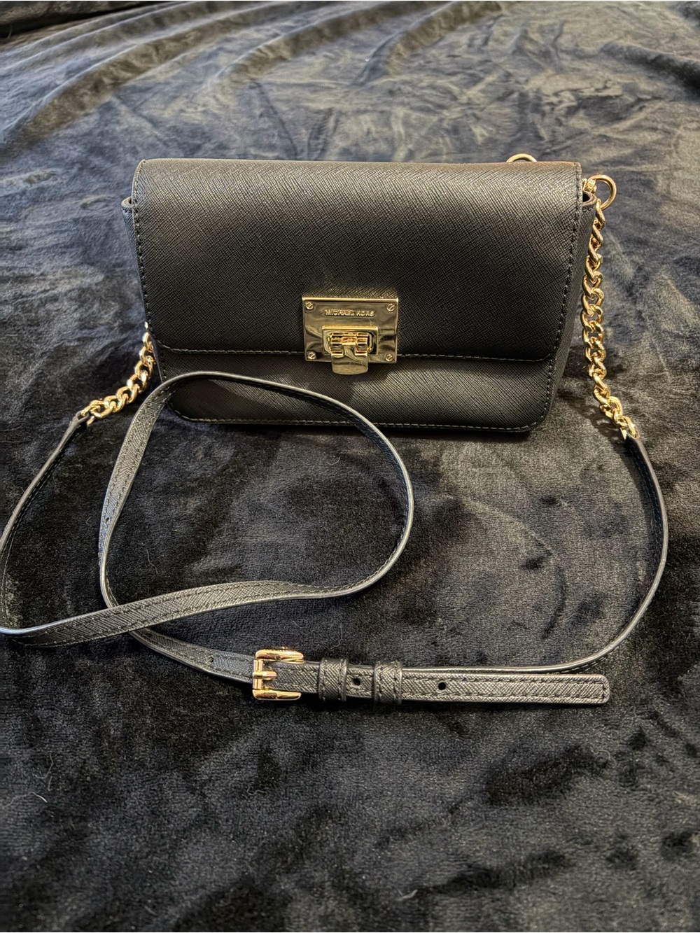 Michael Kors Black Saffiano Crossbody with Gold Chain and Lock